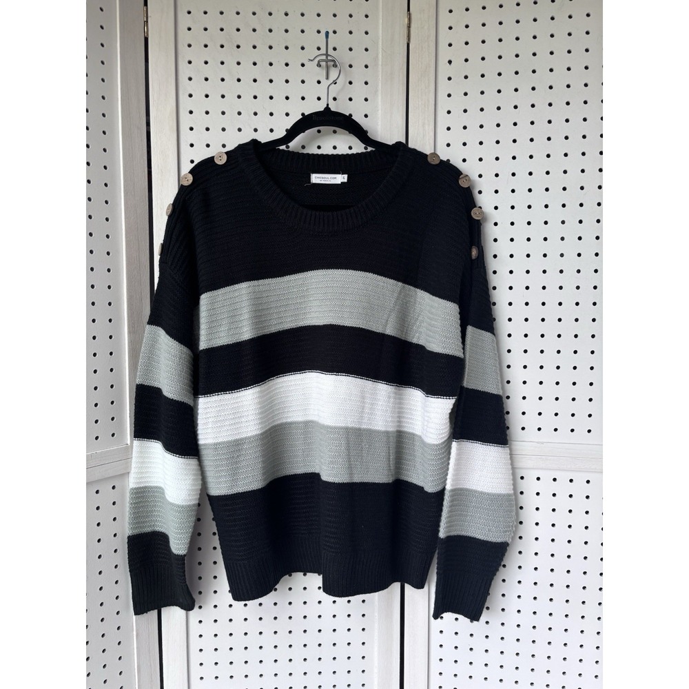 Chic Soul Striped Sweater Women's XL Button Shoulder Gray Black White Acrylic